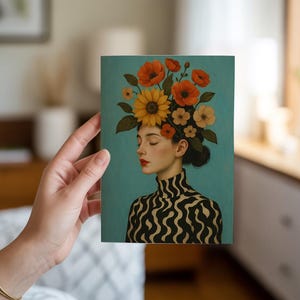 Zonnebloemkroon Vrouw Wenskaart Moderne Retro Kunstdruk Portret Wenskaart Vintage Botanische Stijl Kaart Hedendaagse Vrouwelijke kunst