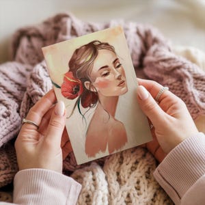 Tarjeta de felicitación con retrato femenino elegante, tarjeta de regalo para ella, arte de retrato de mujer moderna, arte facial femenino suave, papelería digital, tarjeta de moda