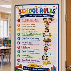 May include: A colourful "School Rules" poster with a blue border. The poster lists ten rules with illustrations of children. Text includes "Let's Learn, Play & Grow Together!" and "Good choices make a great classroom!"