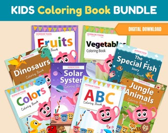 Könnte beinhalten: Ein Paket mit acht Malbüchern für Kinder, darunter Titel wie "Früchte", "Gemüse" und "Dinosaurier". Die Bücher zeigen farbenfrohe Illustrationen und den Text "KIDS Coloring Book BUNDLE" und "8 Fun & Educational Books!"