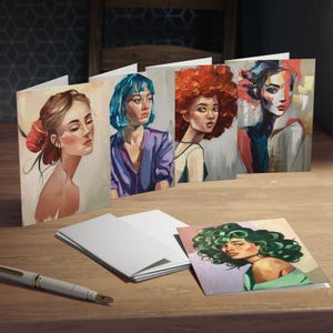 Artistieke multi-design wenskaarten, vrouwelijke kaarten, stijlvol briefpapier, perfect voor verjaardagen, kunstliefhebbers, artistieke vrouwelijke portretten
