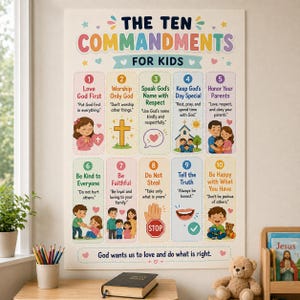 Puede incluir: Un colorido póster titulado "Los Diez Mandamientos para Niños" presenta ilustraciones y texto. El póster incluye los mandamientos, con imágenes de niños, corazones y una iglesia. El texto en la parte inferior dice "Dios quiere que amemos y hagamos lo correcto."