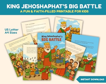 Livro de atividades cristãs divertidas sobre a grande batalha do Rei Josafá: Lição para a Escola Dominical, Livro de colorir e aprendizado baseado na fé para crianças.
