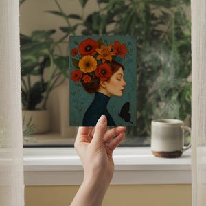Style vintage, art floral, profil de femme, carte de voeux, design inspiré de l'art nouveau, illustration botanique, portrait féminin, carte de voeux