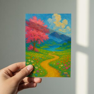 Cartão de agradecimento com paisagem de primavera, árvore florida, caminho de flores silvestres, arte digital da natureza, vista da montanha, cartão de felicitações da natureza