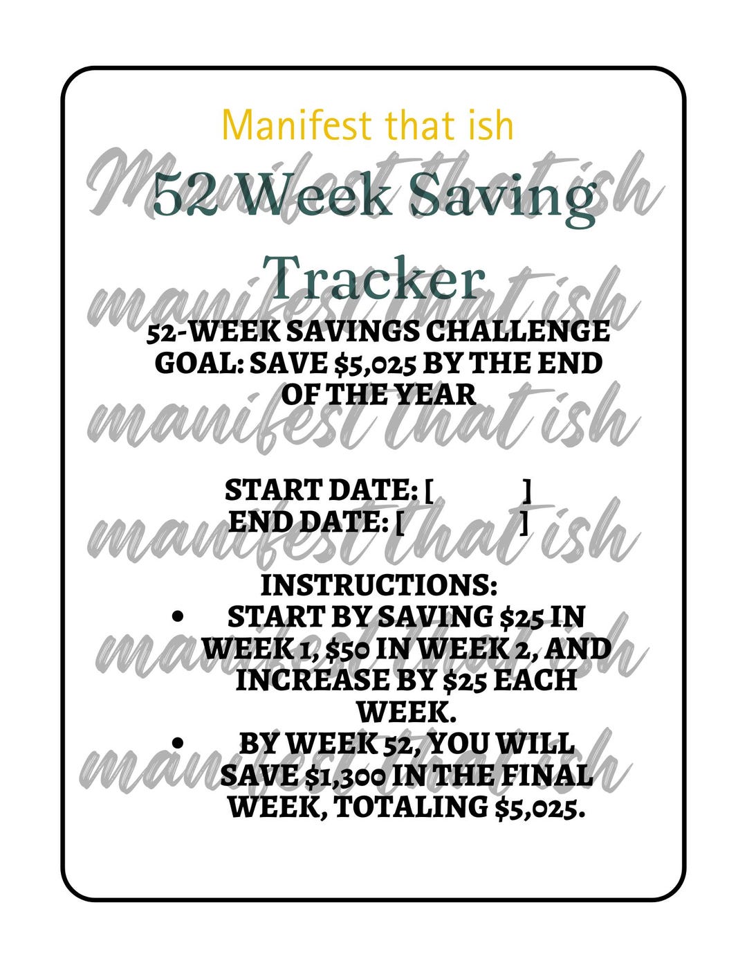 52 Week Savings Weeks Challenge Tracker | 5,025 Goal | Printable ...
