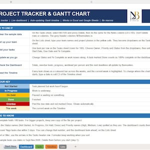 Könnte beinhalten: Eine digitale Projektverfolgungs- und Gantt-Diagramm-Vorlage für Excel und Google Sheets. Das Dokument enthält Abschnitte mit den Titeln How to Use It, Colour Key und Good to Know sowie Anweisungen zur Aufgabenverwaltung und Fortschrittskontrolle.