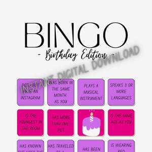 Birthday Bingo | Bachelorette | Wedding | Engagement | Party | Icebreaker | Balloons | Fun | Template | INSTANT DIGITAL DOWNLOAD