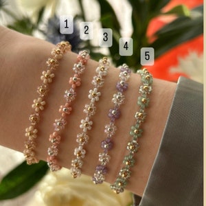 Pulsera de flores con cuentas, cuentas de cristal Miyuki, plata de ley, hecha a mano.