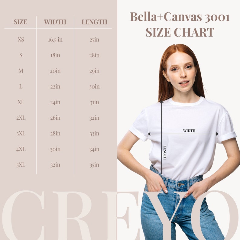 May include: Size chart for Bella + Canvas 3001 t-shirts, showing measurements in inches for XS to 5XL sizes. The chart shows the width and length of each size.