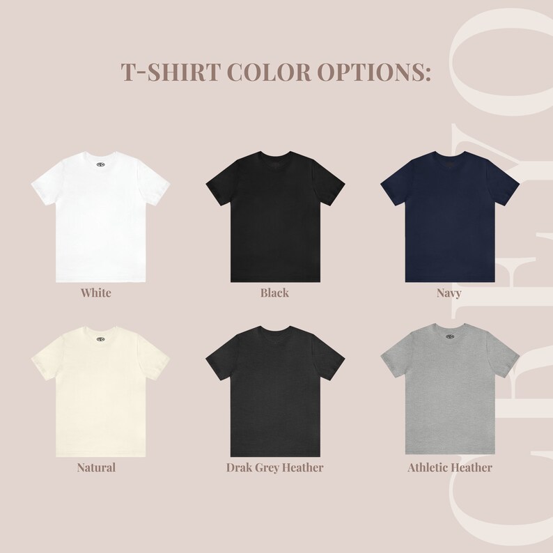May include: Six t-shirt color options: white, black, navy, natural, dark grey heather, and athletic heather.