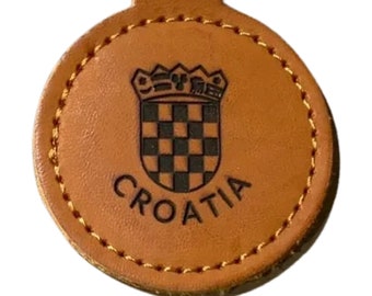 KROATIEN Nyckelring | Kroatisk personlig graverad rund lädernyckelring / nyckelring