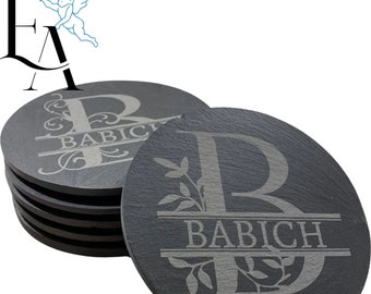 Name Engraved Coasters | 6 DESIGNS Round Linea Slate Coasters