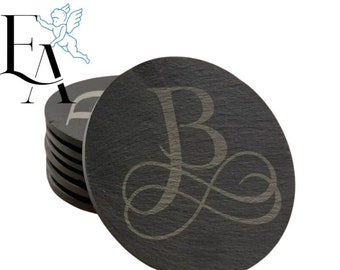 Personalised Letter Engraved Coasters | Engraved Round Linea Slate Coasters
