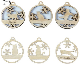 Personalised Cat Ornament | Wooden Christmas Bauble Cat Designs