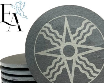 Assyrian Slate Coaster | Black Round Linea Slate Coasters (4 or 6 pack)