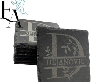 Personalised Name Engraved Coasters | Split Monogram engraved Square Slate Coasters (4 or 6 Pack)