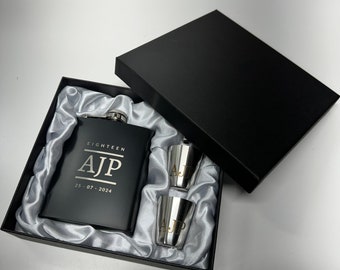 Black Engraved Hip Flask & Shot Glass SET