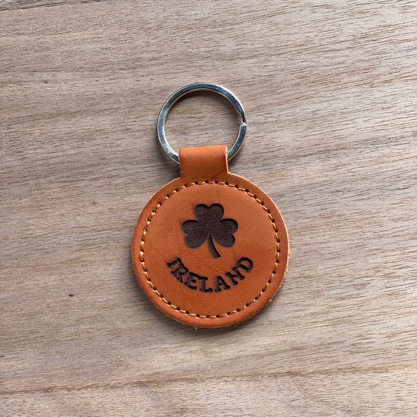 IRELAND Keychain | Irish Shamrock Engraved Leather Round Keychain / Keyring