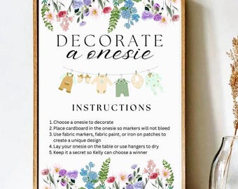 Decorate a Onesie Baby Shower Station Sign & Game Template (Digital Download, 8x11in Canva Template)