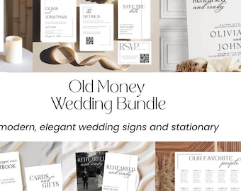 Könnte beinhalten: Eine Sammlung moderner, eleganter Hochzeitsschilder und -papierwaren. Das Bild zeigt Tischnummern, RSVP-Karten und Schilder mit Sätzen wie „Rehearsed and Ready“ und „Our Favorite People“. Das Farbschema ist hauptsächlich Schwarz und Weiß.