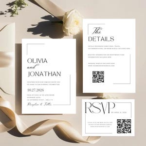 Ensemble de papeterie de faire-part de mariage vieil argent, détails de carte d'invitation, code QR RSVP de mariage