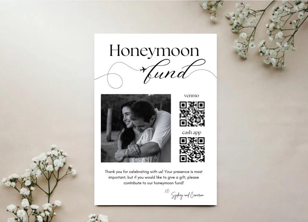 Honeymoon Fund Card QR Code Printable Sign With Photo: Editable Wedding