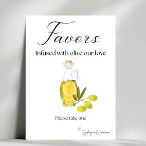 Modèle imprimable de signe de faveur de mariage à l'huile d'olive, infusé d'olive notre amour, affiche personnalisée de mariage italien rustique chic personnalisé