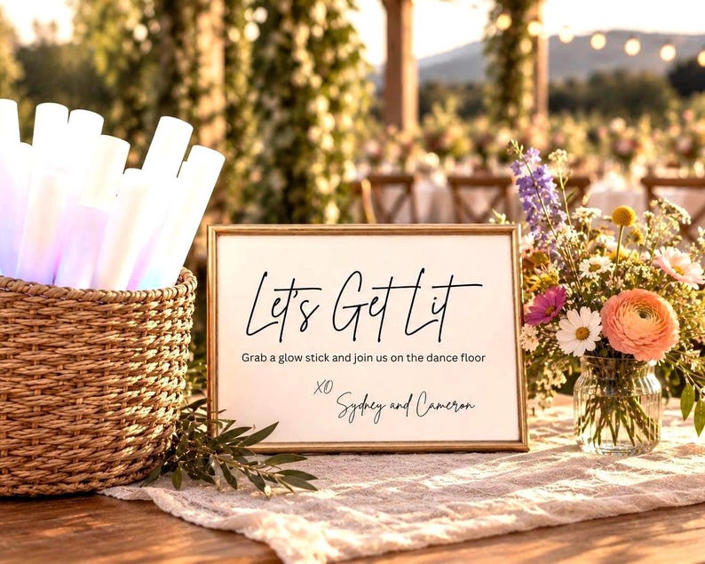 Glow Stick Wedding Sign, Let’s Get Lit Sign, Wedding Reception Sign, Editable Canva Template, Printable 5x7 Wedding Sign image 1