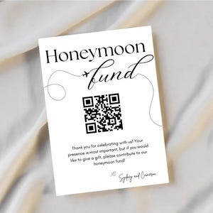 Honeymoon Fund QR-Code-Schildvorlage - Bearbeitbares Hochzeitsgeldgeschenkschild, Venmo Cashapp Honeyfund-Karte - Canva Printable