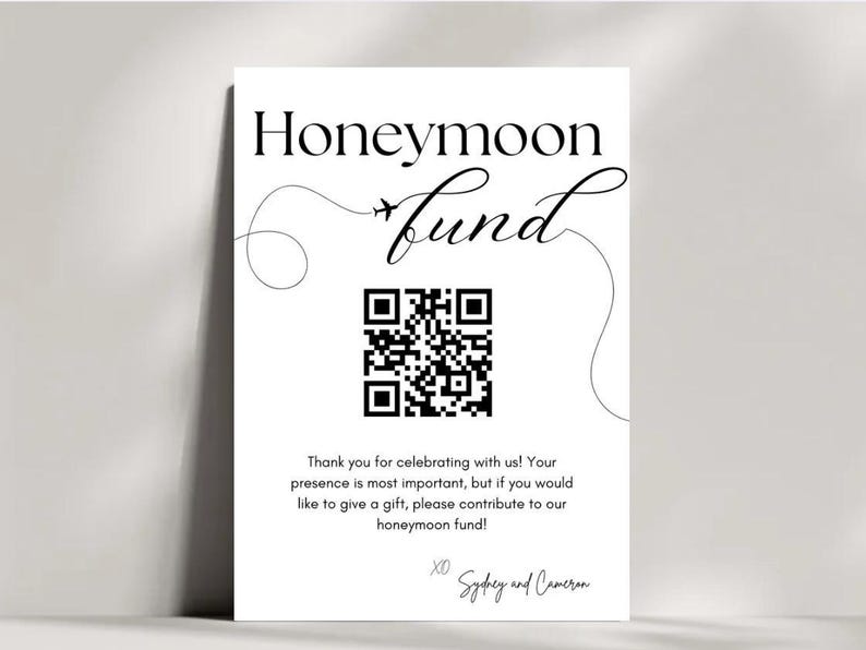 Honeymoon Fund QR Code Printable Sign: Editable Wedding Cash Gift