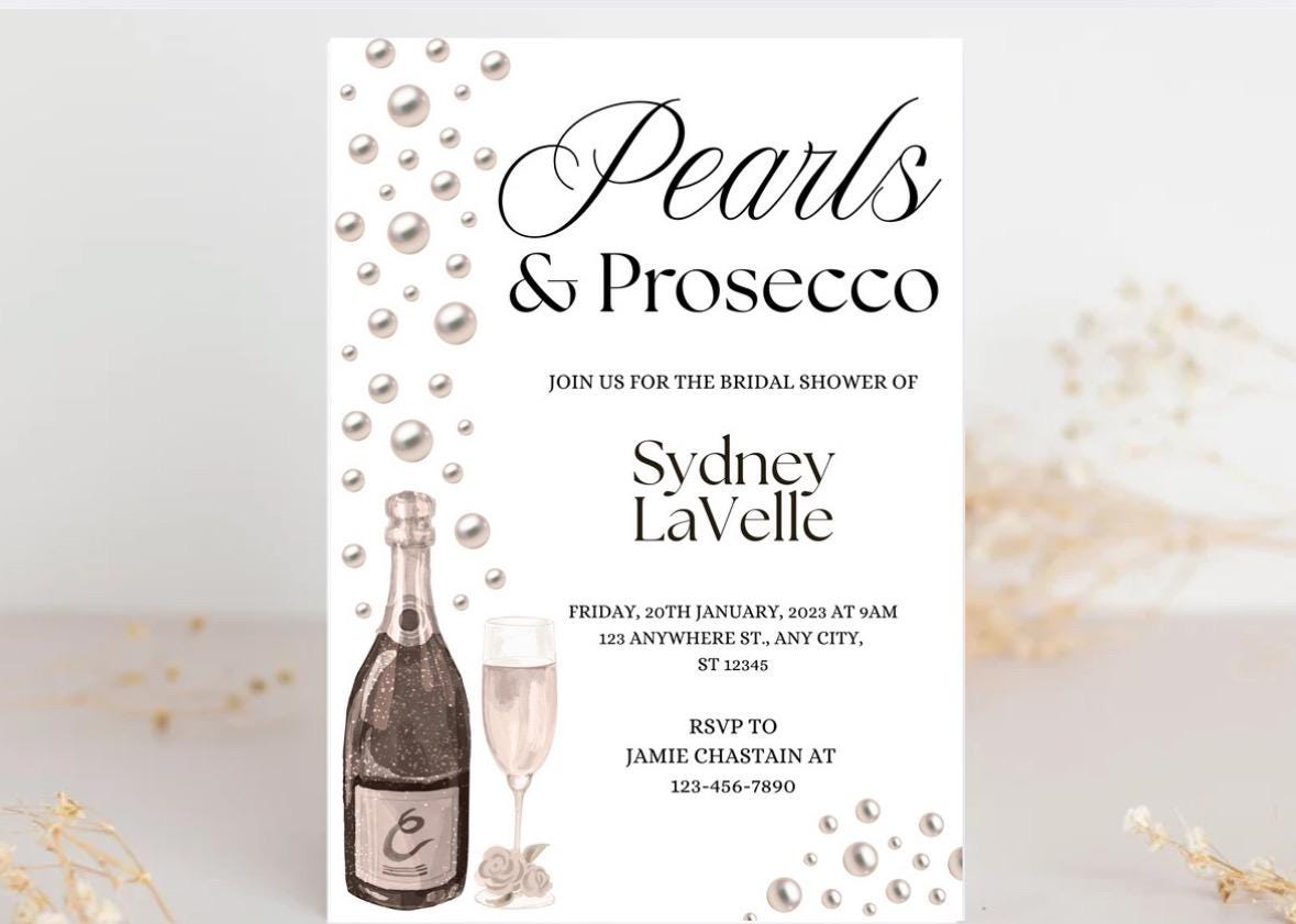 Pearls & Prosecco Champange Bridal Shower Invitation, Elegant Chic Bridal Shower Invite, Pop the Bubbly Theme, Printable Digital Download