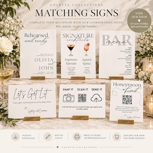 May include: A collection of six white rectangular wedding signs with black text and graphics, including a rehearsal dinner sign, a signature cocktail menu, a bar menu, a dance floor sign, a photo sharing sign with a QR code, and a honeymoon fund sign.