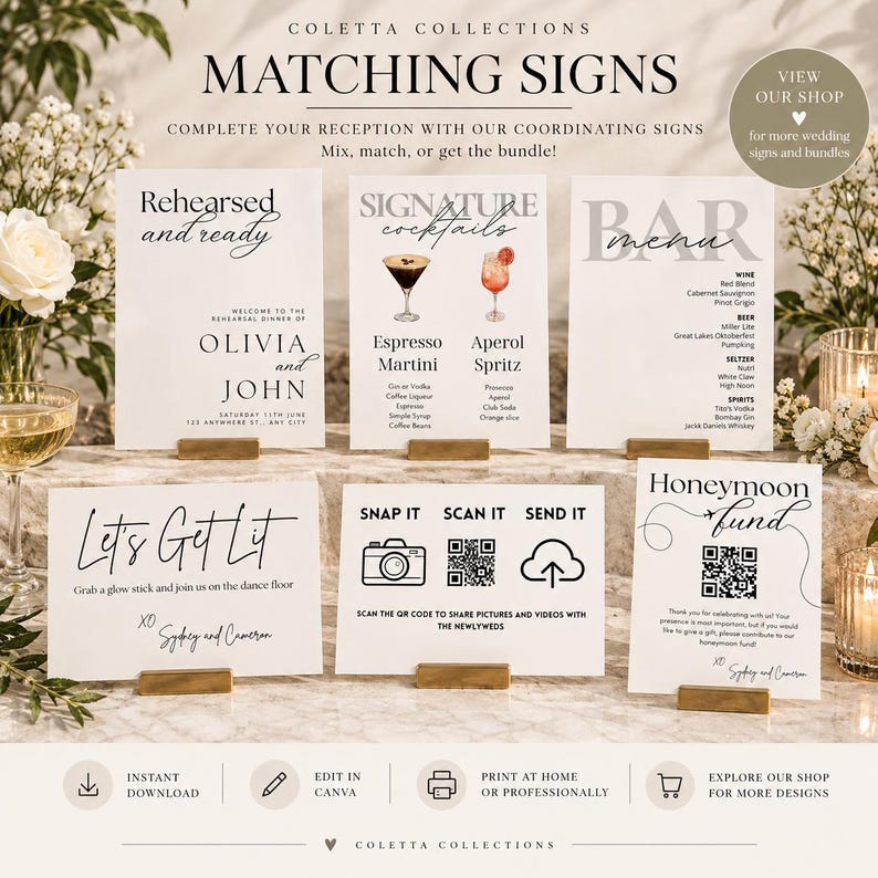 May include: A collection of six white rectangular wedding signs with black text and graphics, including a rehearsal dinner sign, a signature cocktail menu, a bar menu, a dance floor sign, a photo sharing sign with a QR code, and a honeymoon fund sign.