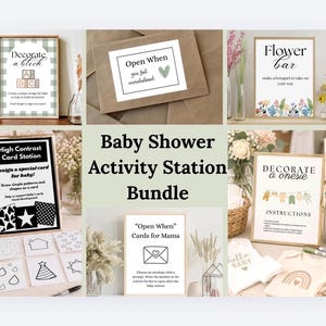 Baby Shower Activity Station Bundle; High Contrast Cards, Open When Letters New Mom, Flower Bar, Decorate a Onesie, Decorate a Block