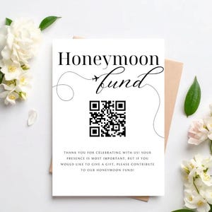 Letrero imprimible con código QR para tarjeta de regalo de luna de miel: regalo de boda editable (plantilla de Canva), tarjeta de invitación para luna de miel, letrero de boda Venmo