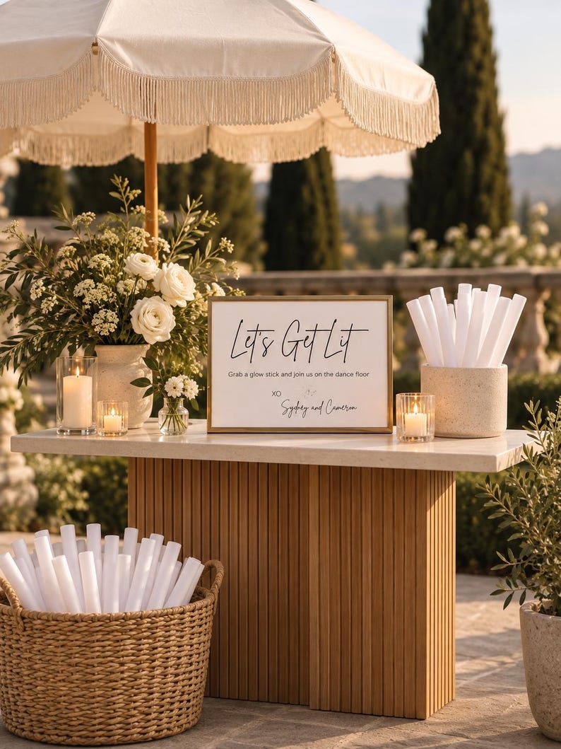 May include: A rectangular sign with a gold frame displays the text Let's Get Lit, Grab a glow stick and join us on the dance floor, XO, Sydney and Cameron. It sits on a table with white candles, flowers, and white glow sticks in containers.