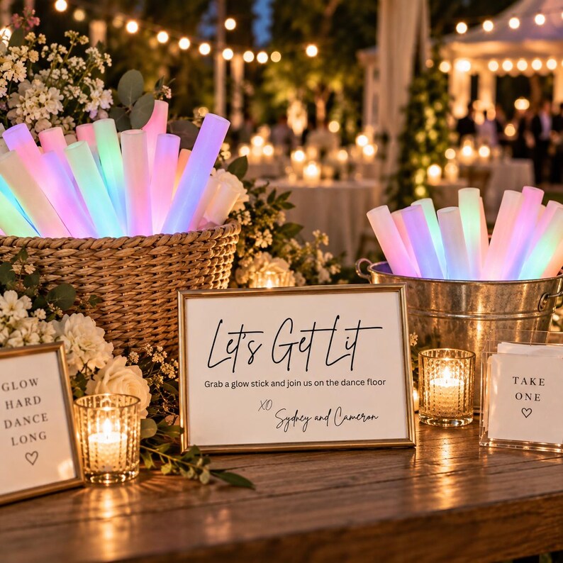 May include: A collection of glowing LED foam sticks in a woven basket and a metal bucket, accompanied by three framed signs. The central sign reads Let's Get Lit, Grab a glow stick and join us on the dance floor, XO Sydney and Cameron.