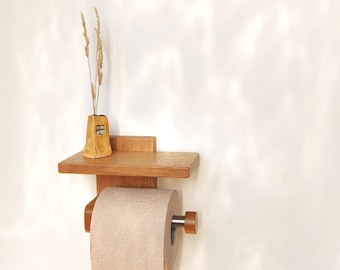 Toilettenpapierhalter aus massiver Eiche mit Regal, Wandhalterung Badezimmerzubehör