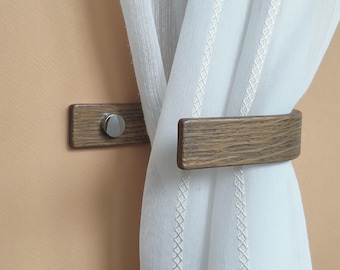 Graphite Oak Curtain Holdbacks, Chrome Fixings, Wall Mounted