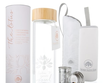 Lotus Flower - Listen to your Soul - Glass Tea Bottle With Infuser and Strainer Basket - Double Walled Glass + Travel Sleeve and Cozy