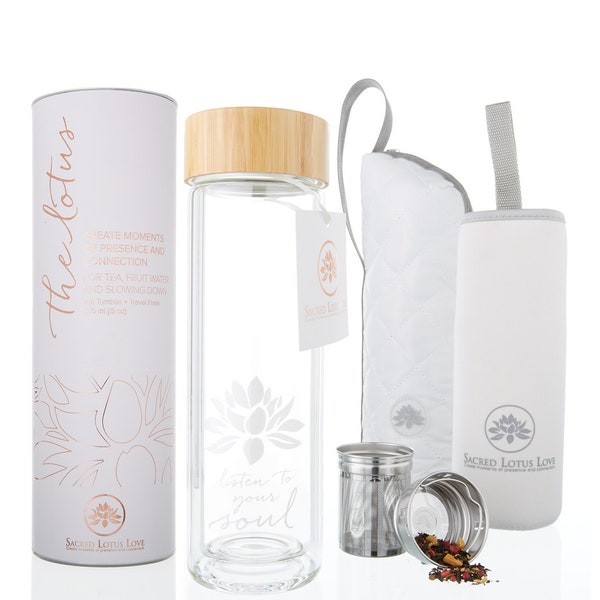 Lotus Flower - Listen to your Soul - Glass Tea Bottle With Infuser and Strainer Basket - Double Walled Glass + Travel Sleeve and Cozy