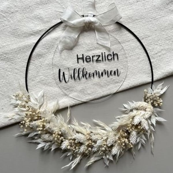 Trockenblumenkranz Türkranz Metallring Blumenkranz Plexischeibe personalisiertes Geschenk Hochzeit Muttertag Boho Einzug Interior Dekoration