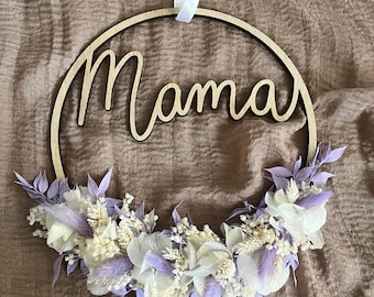 Trockenblumenkranz Muttertag Holzschild  Mama Kranz Lasercut  Muttertagsgeschenk Trockenblumenring Eulenschnitt