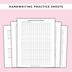 Puede incluir: Una hoja de práctica de escritura imprimible en blanco y negro con letras mayúsculas de la A a la Z. Cada letra se repite 20 veces en la hoja. La hoja tiene el texto "Handwriting Practice Sheet" y "Trace the uppercase letters" en la parte superior.