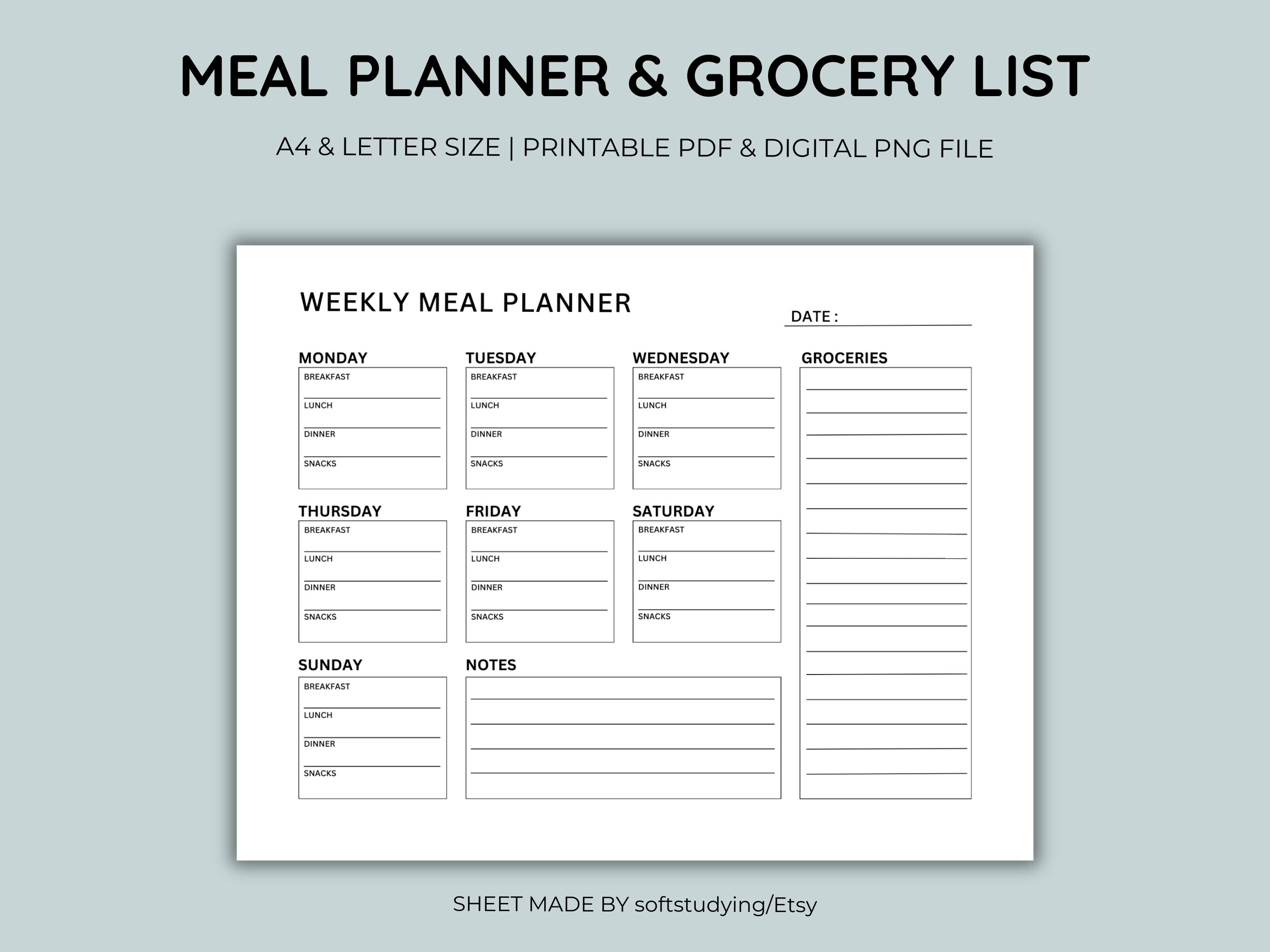 Weekly Meal Planner and Grocery List Printable Meal Planner Grocery ...