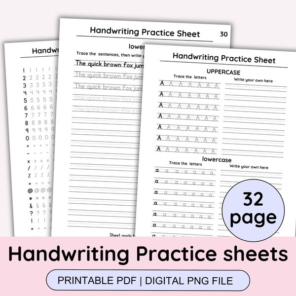 Handwriting Practice Sheets | Writing Sheets | Printable | For school Kid,Studnet,adult, 32-Page Letters,Word,Sentence,Number (PDF,PNG) File