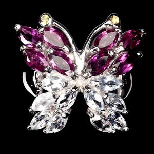 Gorgeous butterfly-shaped silver ring with natural garnet, sapphire, and topaz &quot;Butterfly Effect&quot;