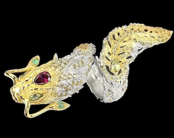 Exclusive large silver ring with natural pomegranate &quot;Fairy Dragon&quot;