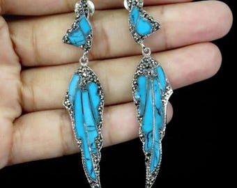 Exquisite silver earrings with natural turquoise &quot;Dragon&#39;s Wing&quot;